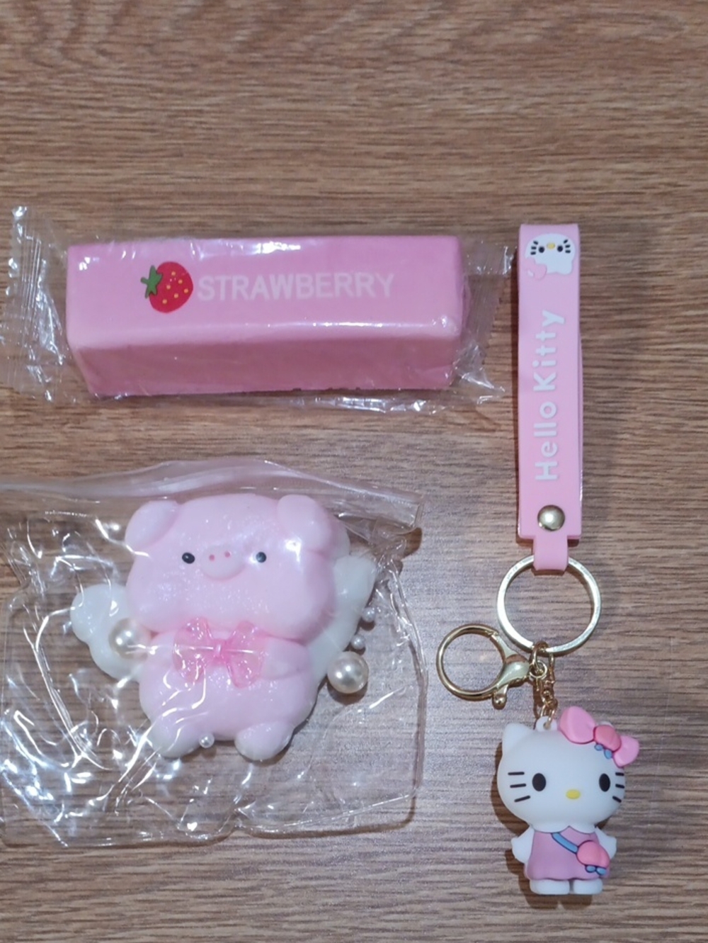 Hello Kitty Pink Keychain with Strawberry Butter Squishy and Pig Squishy Bundle
